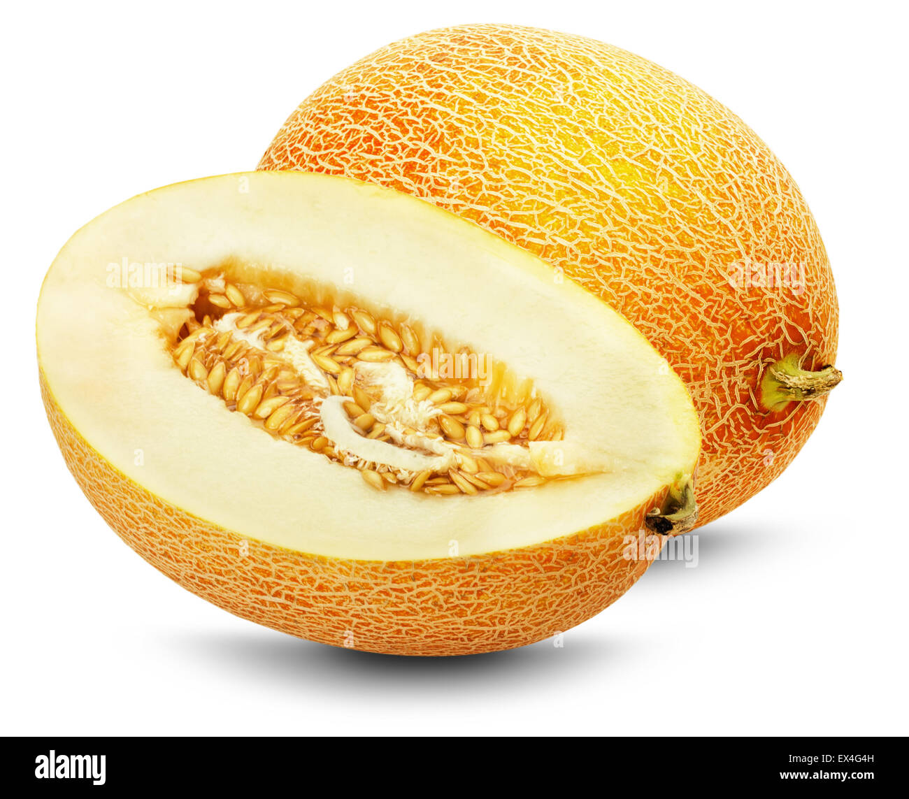 reife Melone mit Scheibe auf dem weißen Hintergrund. Stockfoto