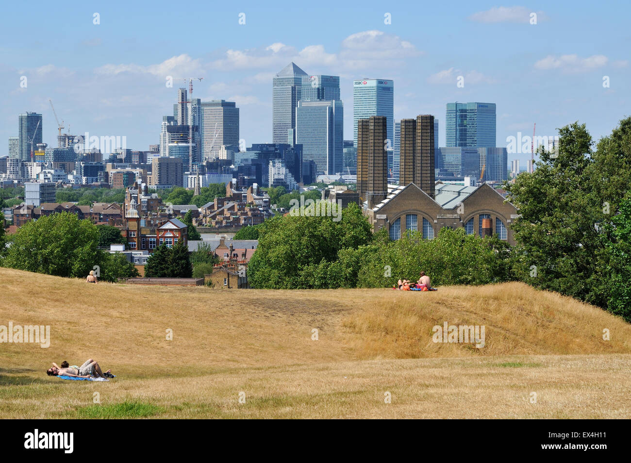 Canary Wharf, London UK, vom Greenwich Park Stockfoto