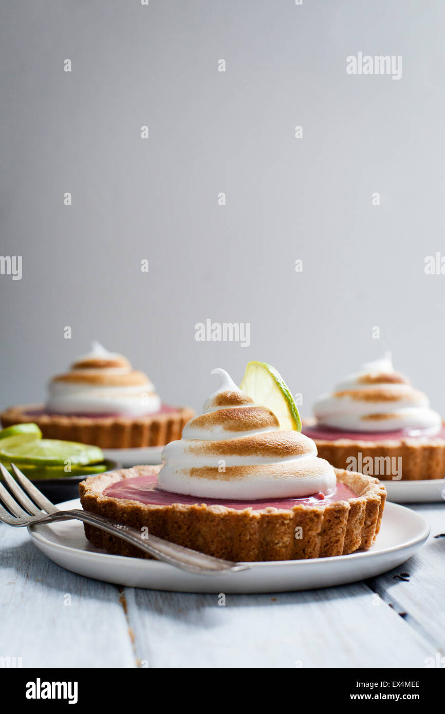 Hibiskus Erdbeer Quark Kuchen mit gerösteten Meringue {glutenfreie} Stockfoto