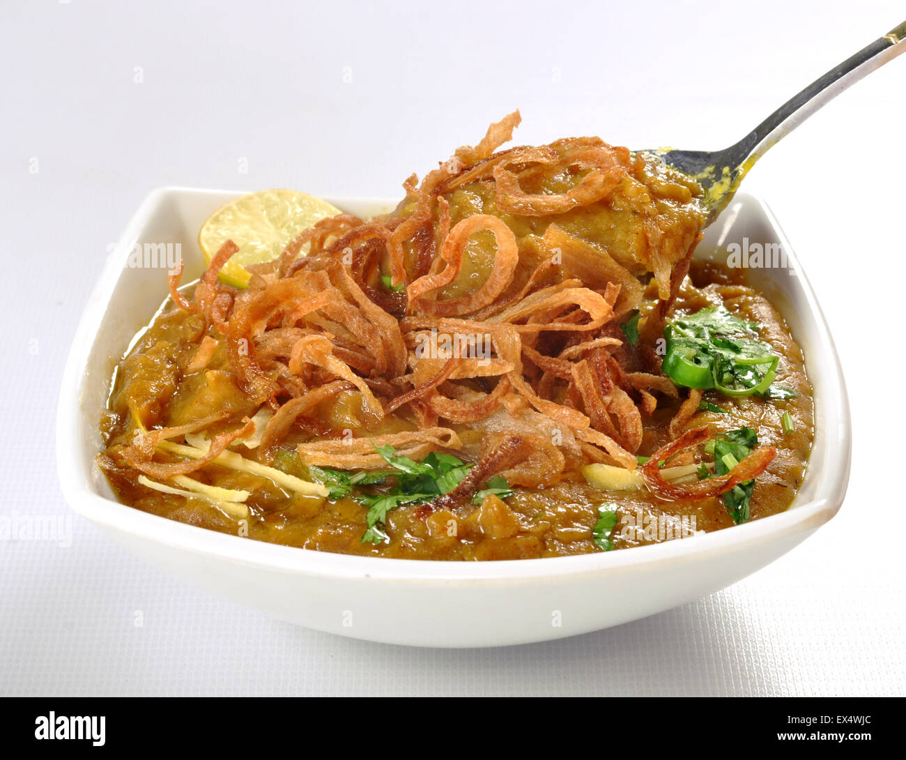 Shahi Haleem garniert mit knusprig gebratene Zwiebel Stockfoto