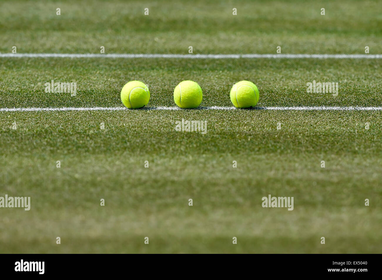 Tennisbälle auf Rasen, Stuttgart, Baden-Württemberg, Deutschland Stockfoto