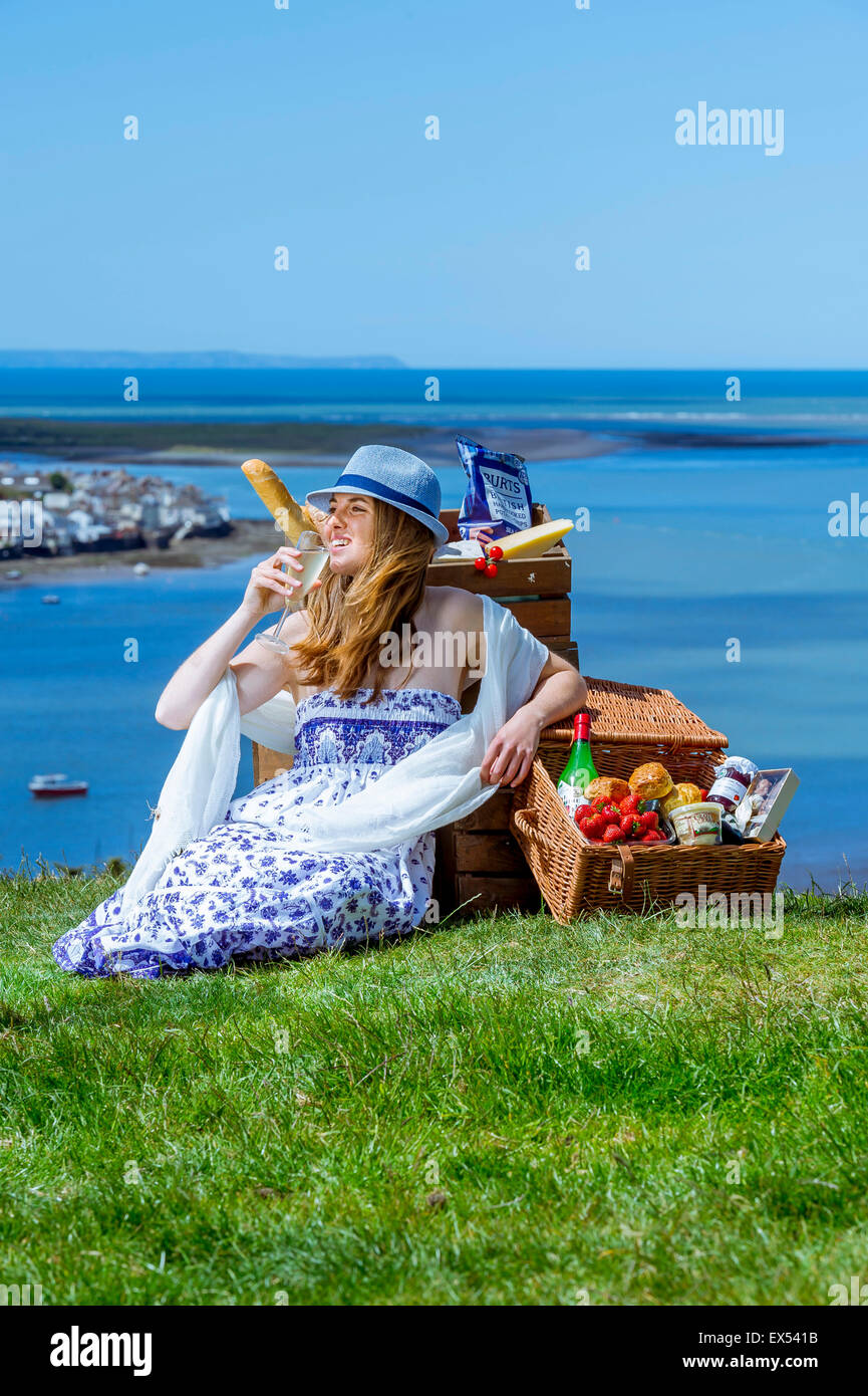 Eine schöne junge Frau mit Champagner und einem Picknickkorb sieht in Appledore an der Nordküste von Devon Stockfoto
