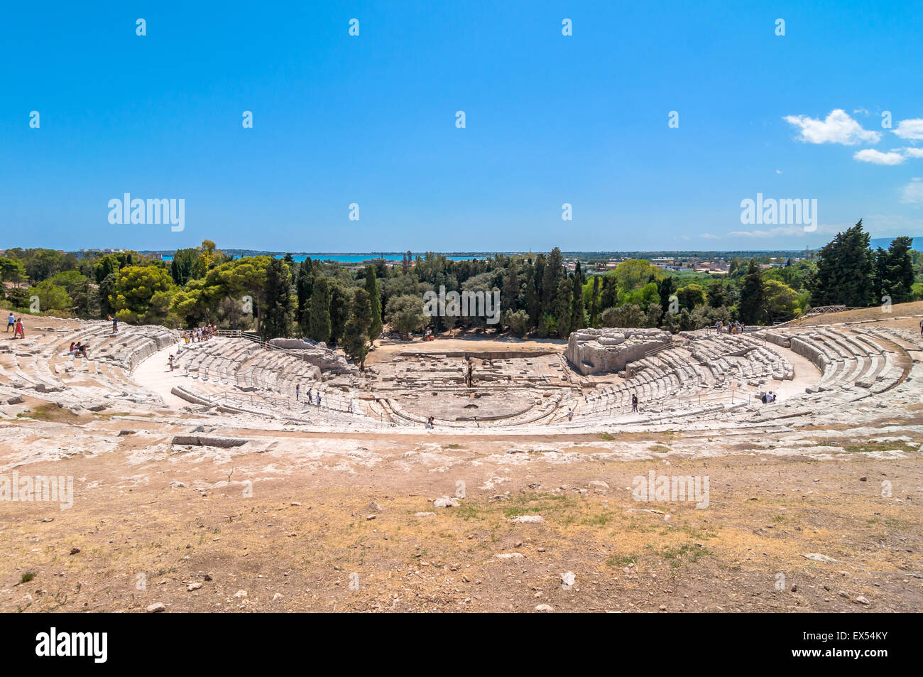 antiken griechischen Theater von Syrakus, Sizilien, Italien. Dieses Denkmal ist in die UNESCO-Liste des Weltkulturerbes. Stockfoto