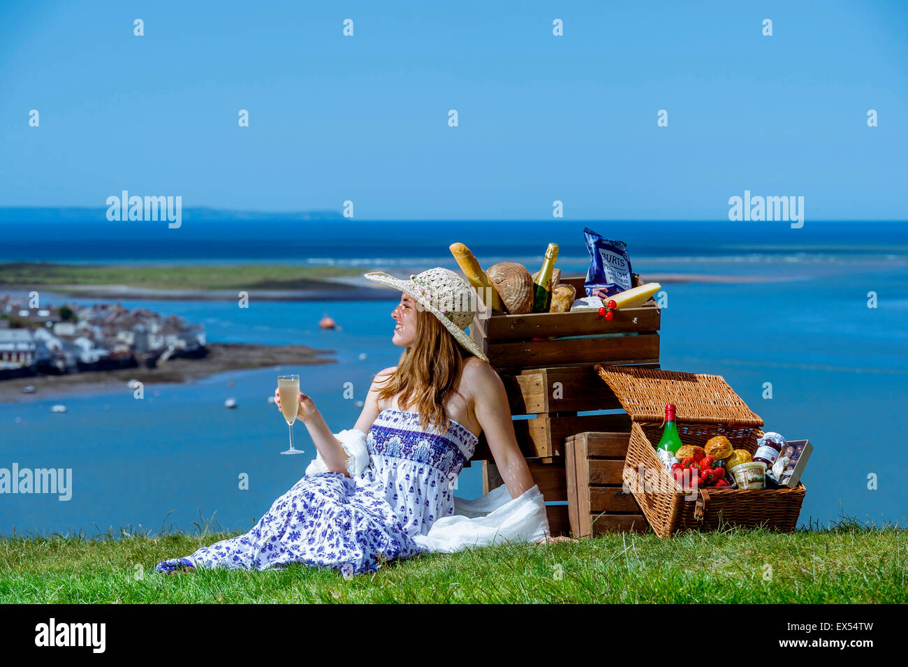 Eine schöne junge Frau mit Champagner und einem Picknickkorb sieht in Appledore an der Nordküste von Devon Stockfoto