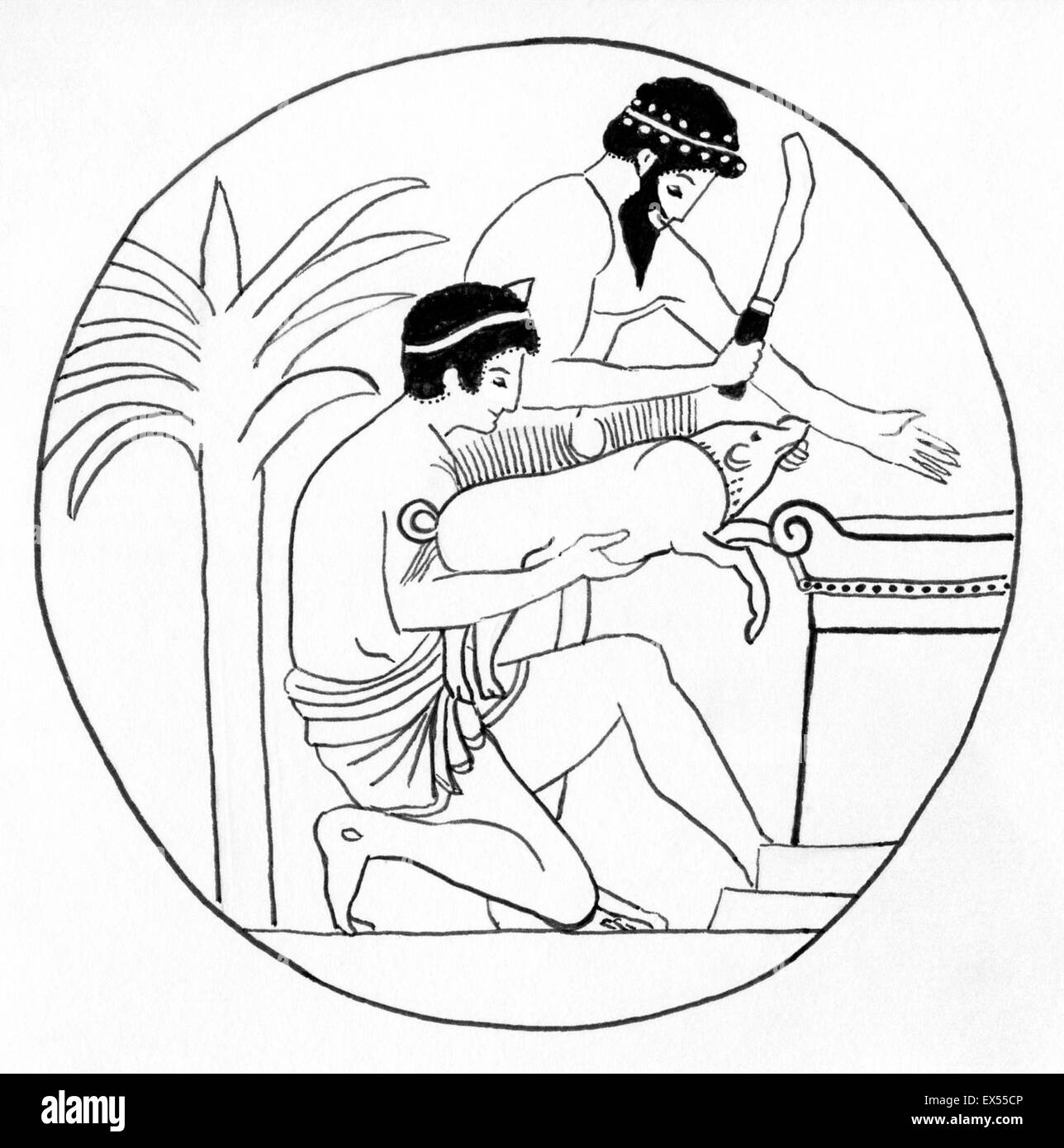 Zeichnung von einer antiken griechischen Wildschwein-Opfer. Stockfoto