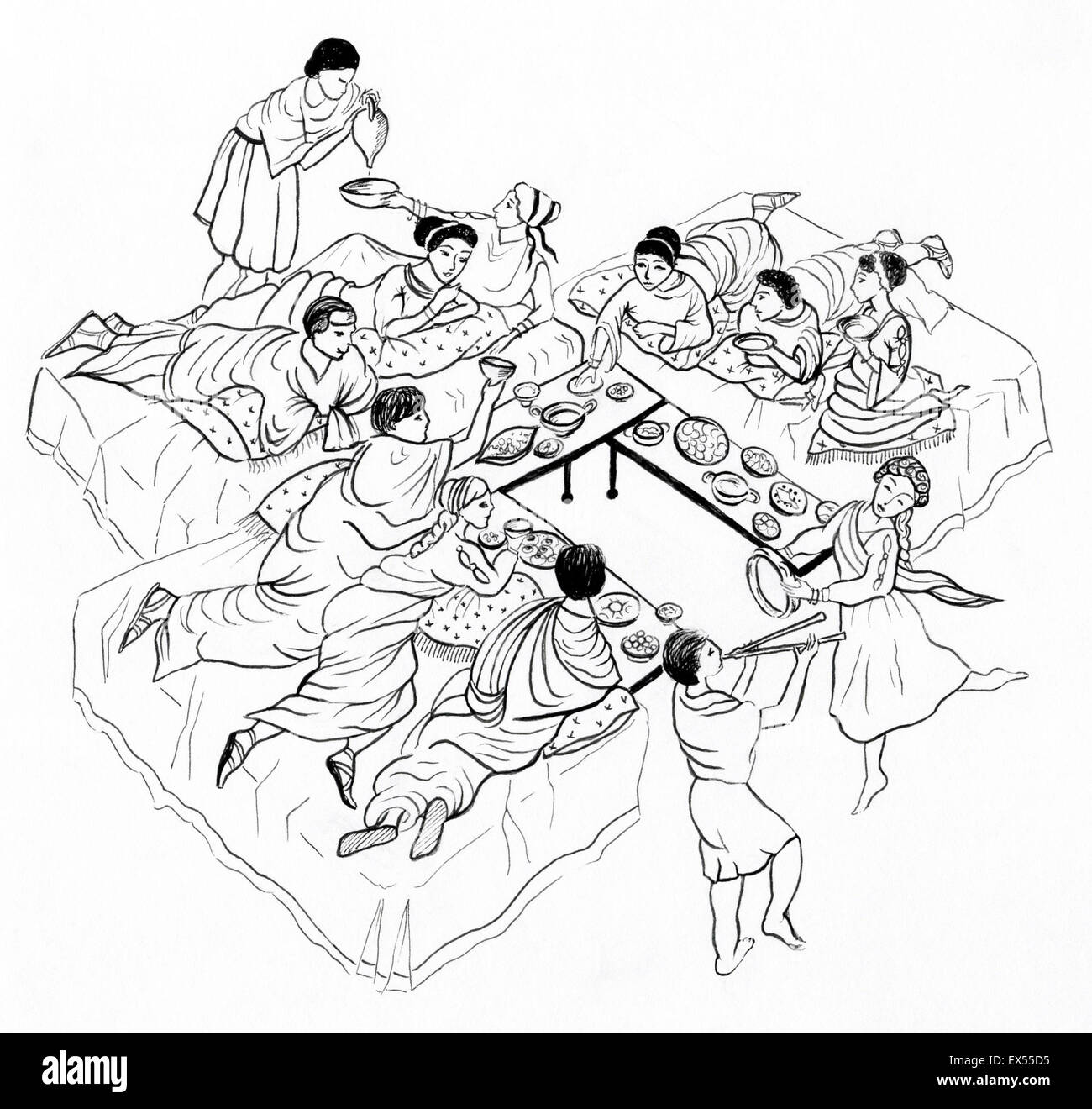 Zeichnung einer römischen Dinner-party Stockfoto