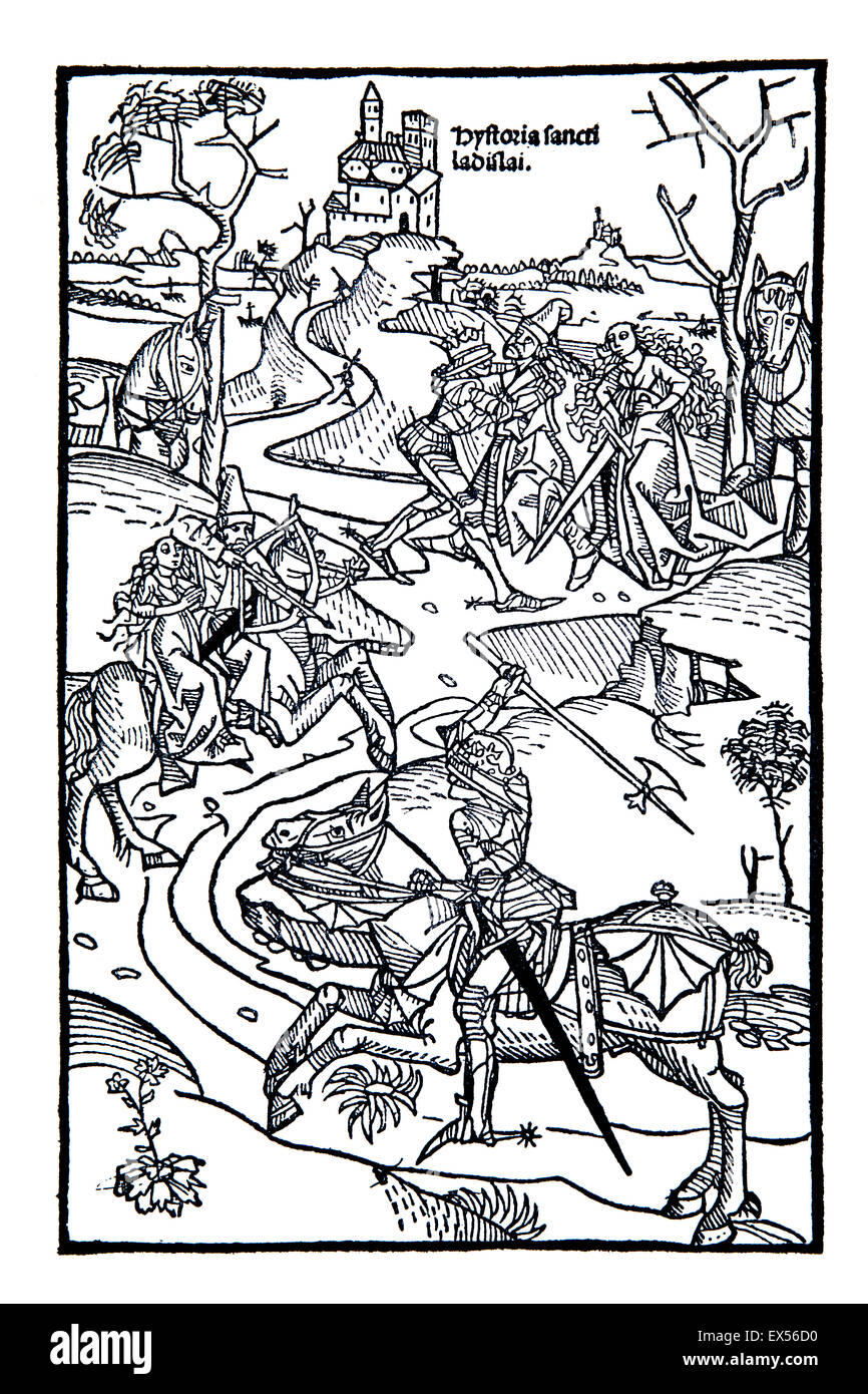 Holzschnitt-Illustration aus Chronica Hungarae, 15. Jahrhundert deutsche Chronik des Königreichs Ungarn Stockfoto