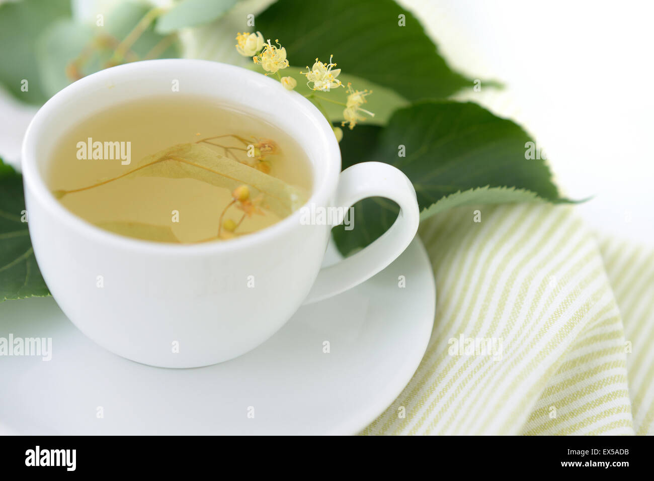 Weiße Tasse voll Linden Tee. Stockfoto
