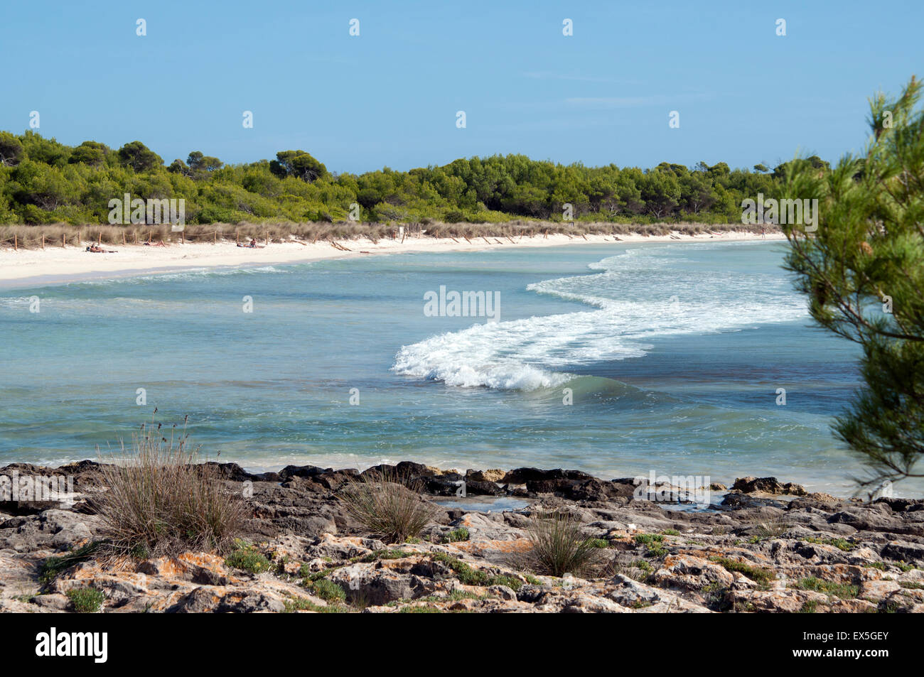 Touristischen schmachten am weißen Sandstrand von Son Saura Strand als die seichtere Brandung kommt auf der Insel Menorca Spanien Stockfoto