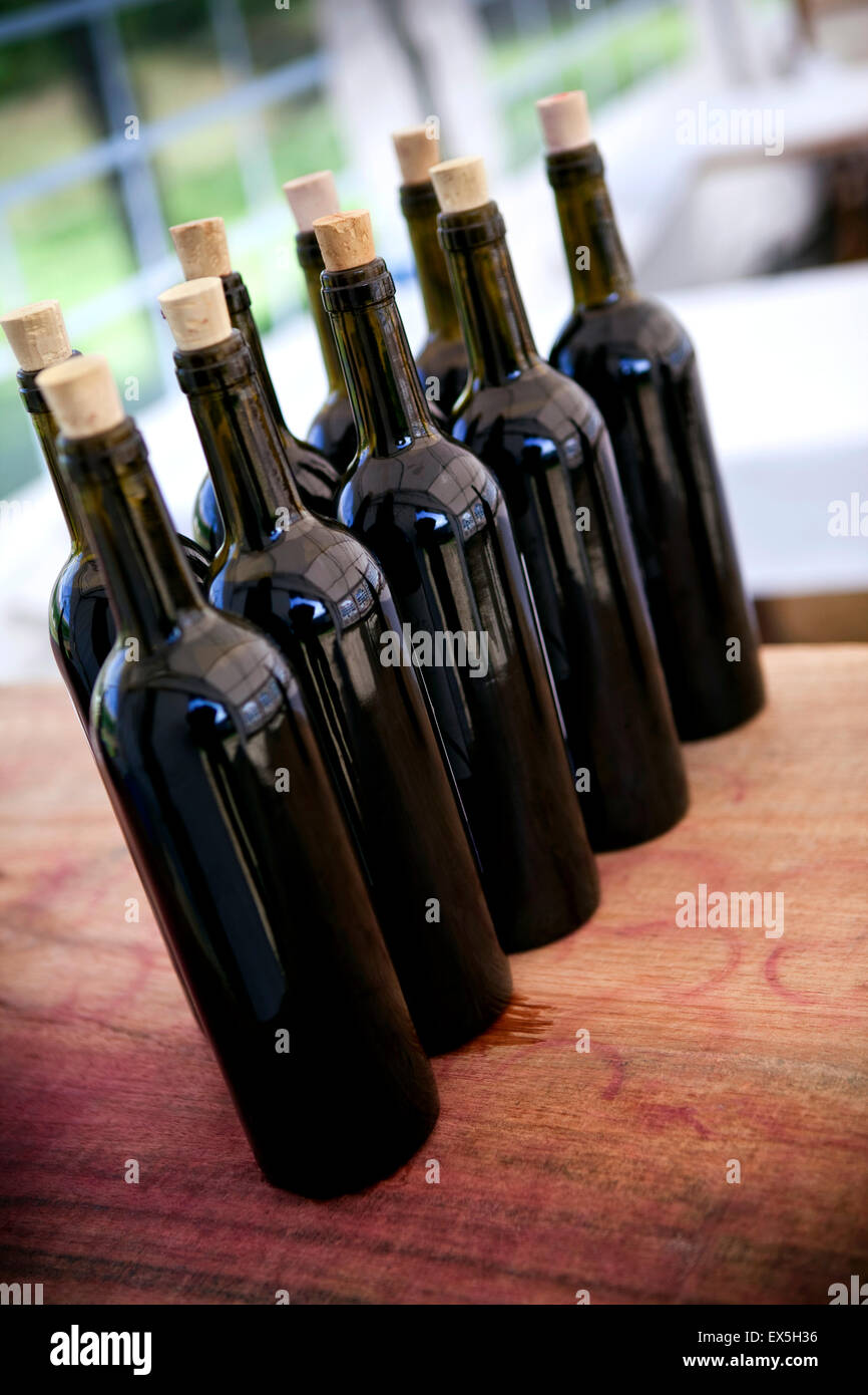 Flaschen Rotwein in einem Keller in der Nähe von Bordeaux, Frankreich Stockfoto