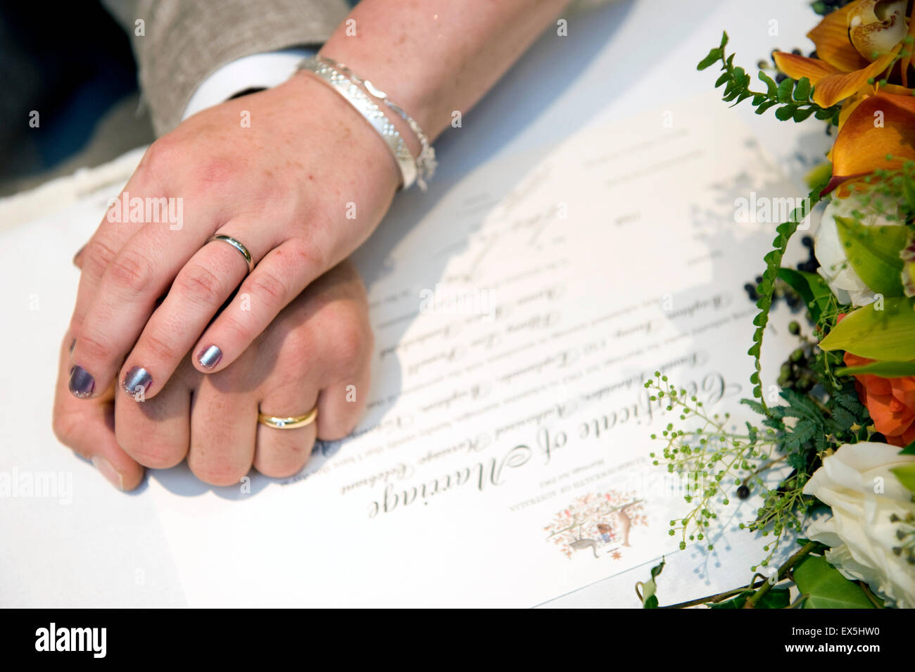 Frisch verheiratete Paar Hände auf ihre Heiratsurkunde mit ihren Ringen Stockfoto