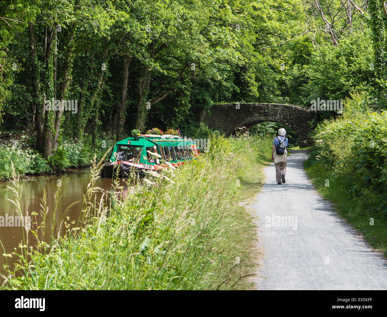 Canal Boat und Walker, The Monmouthshire und Brecon Canal (Mo & Brec), in der Nähe von Brecon, Powys, Wales, UK Stockfoto