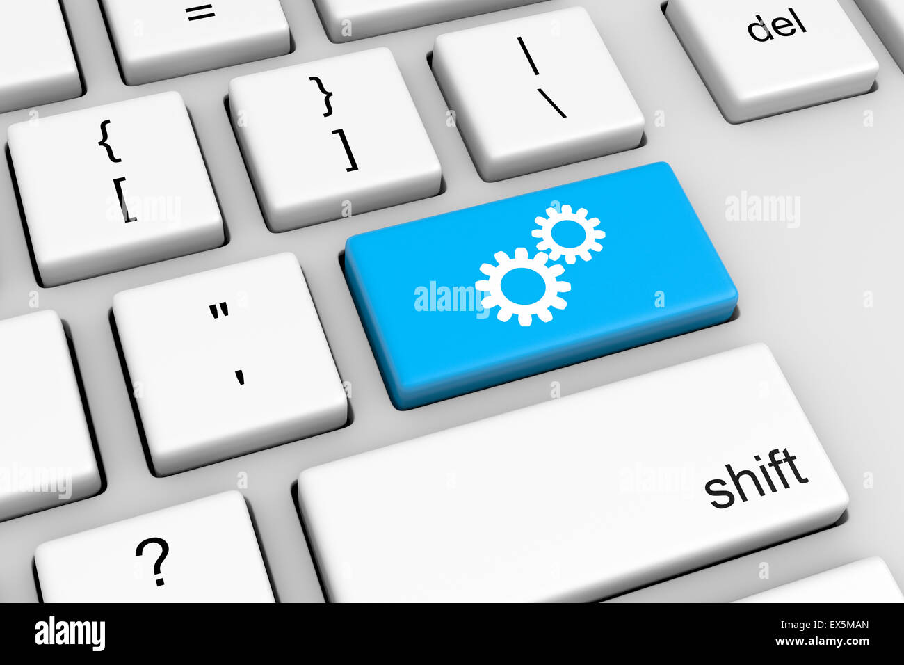 Computer-Tastatur mit blauen Gear Button Illustration Stockfoto