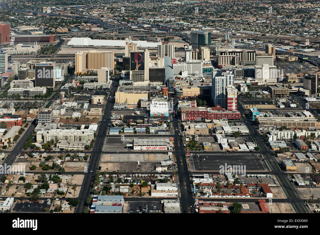 Alte Ansicht von Downtown Las Vegas aus Hubschrauber Stockfoto