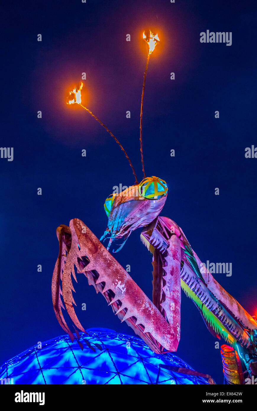 Die riesige Gottesanbeterin Skulptur vor dem Container Park in Downtown Las Vegas Stockfoto