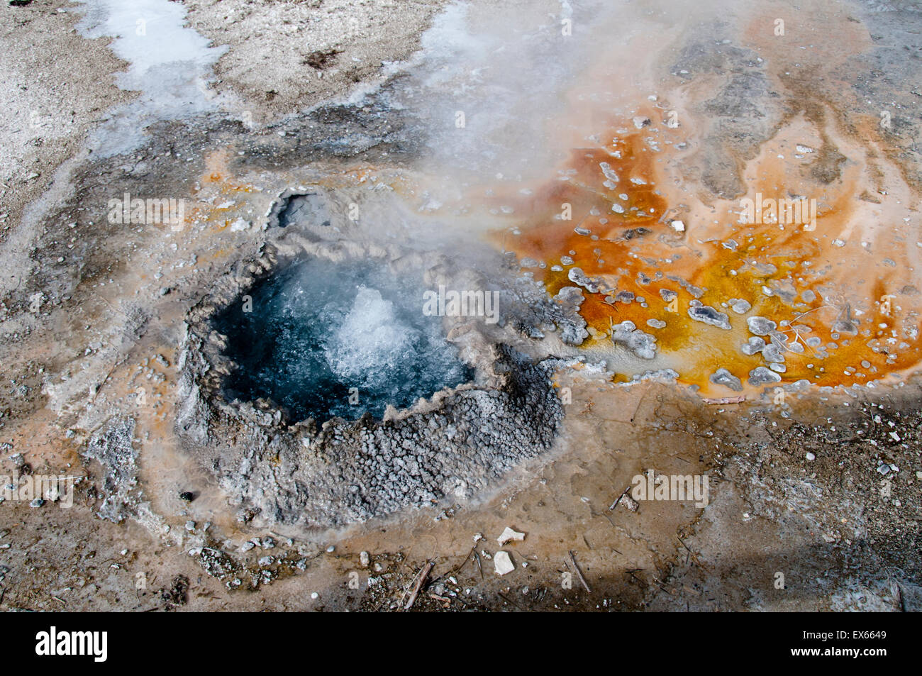 Chinesischer Frühling im Yellowstone National Park, WY, thermophilen Bakterien Matten (orange) und einen erhöhten Sinter Kante Stockfoto