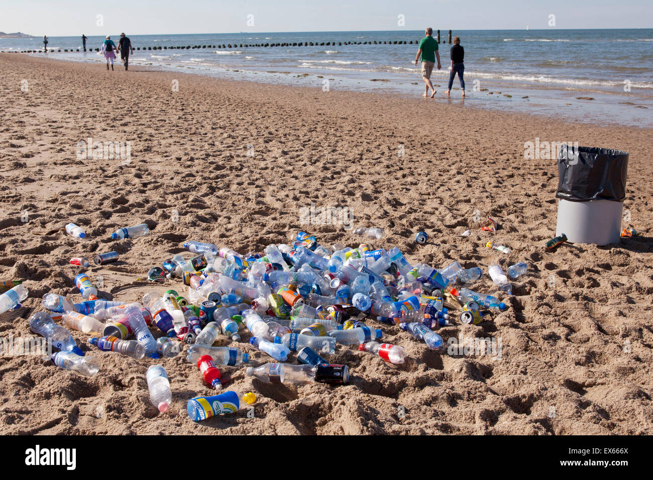 Europa, Niederlande, Zeeland, leere Plastikflaschen am Strand zwischen Oostkapelle und Vrouwenpolder auf der Halbinsel Walchere Stockfoto