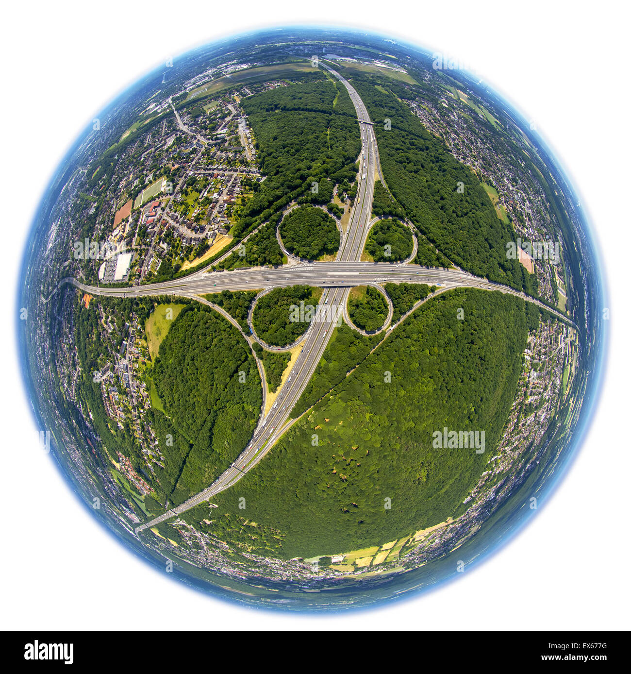 Fisheye, Autobahnkreuz Oberhausen-Nord A3 und A2 und A516, Oberhausen, Ruhrgebiet, Nordrhein-Westfalen, Deutschland Stockfoto