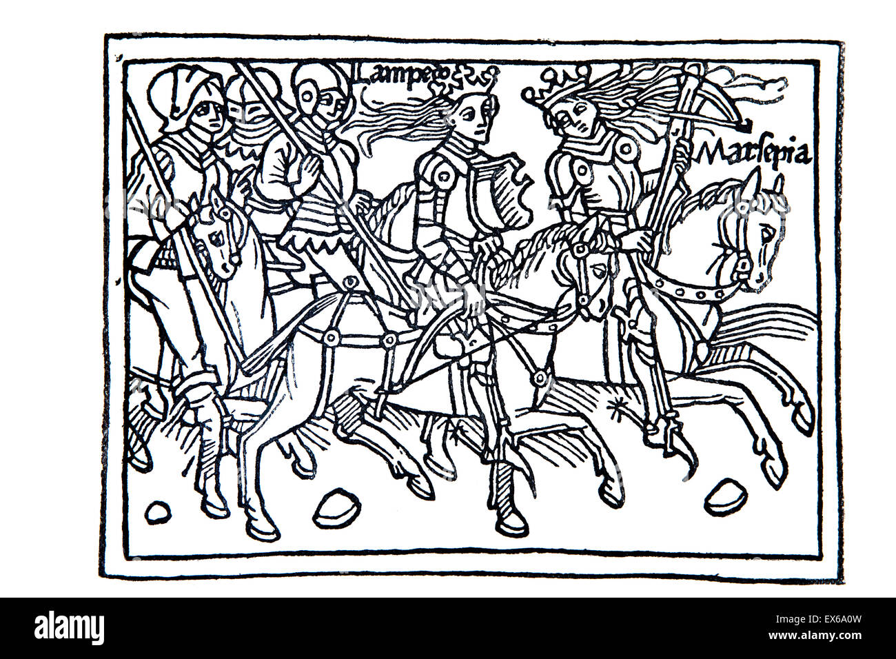 Ritter in Rüstungen auf Reiten Holzschnitt von Boccaccios de Claris Mulieribus (auf berühmten Frauen), veröffentlicht in Ulm 1473 Stockfoto