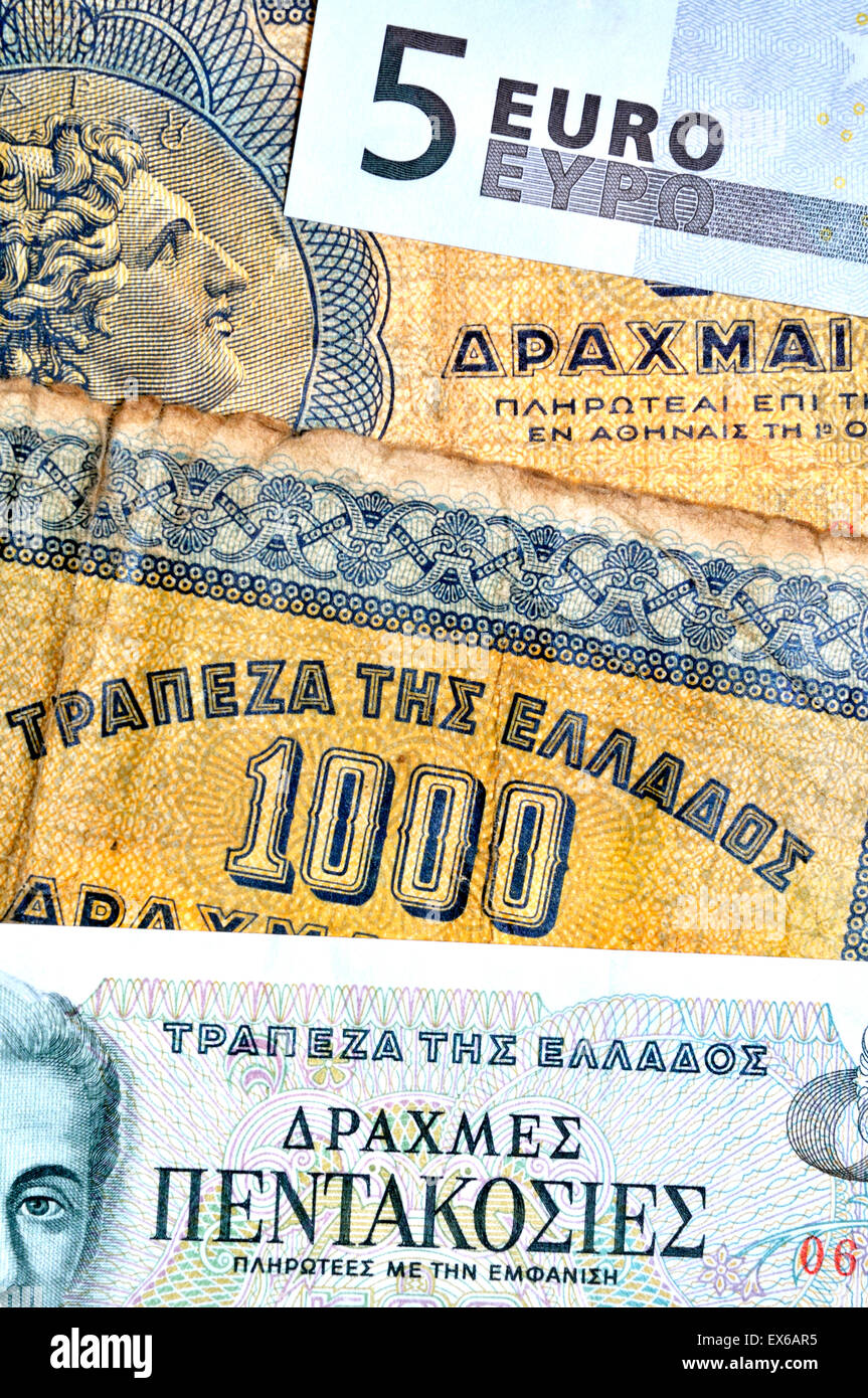 Griechische Währung aus verschiedenen Epochen - Notizen von 1941 bis 1983 Stockfoto