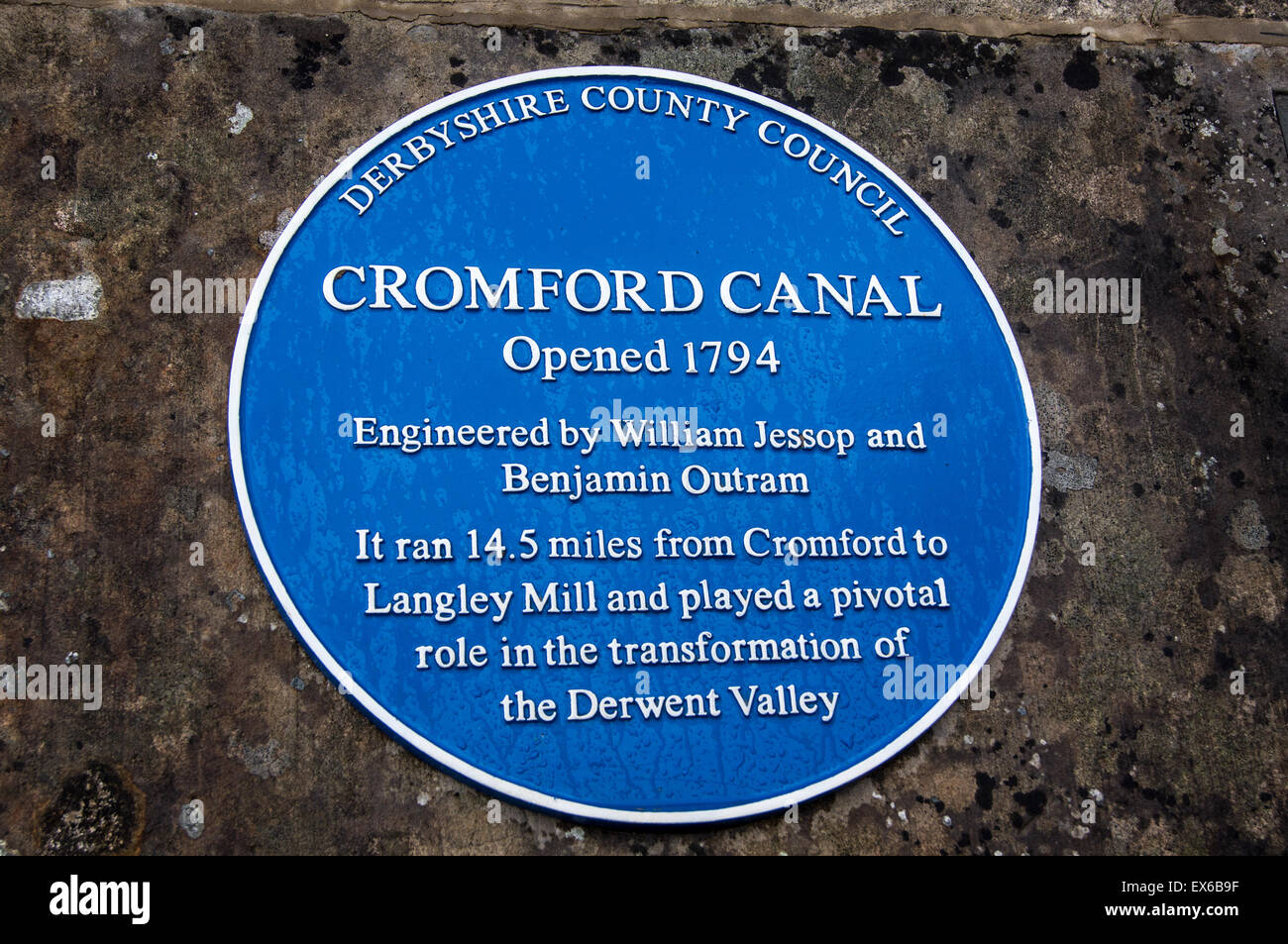 Gedenktafel am Cromford-Kanal von William Jessop und Benjamin Outram, 1794, Cromford, Derbyshire, England Stockfoto