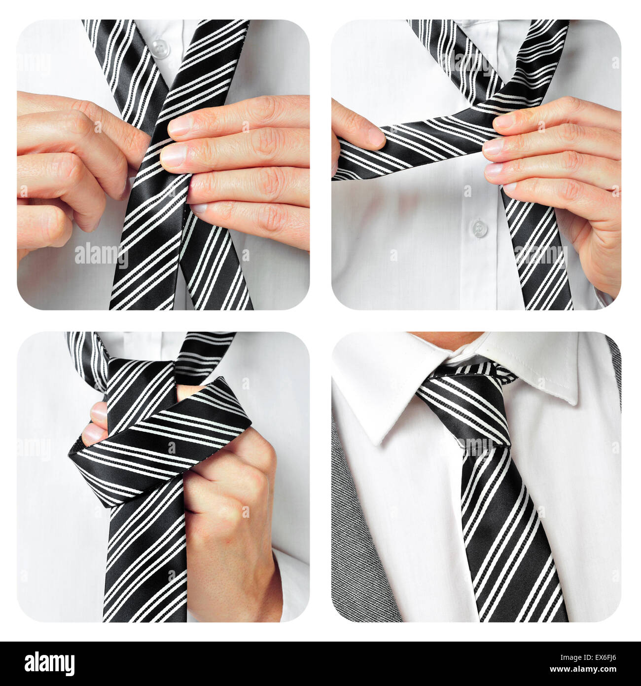 Collage eines Mannes verknoten seine Krawatte in verschiedenen Stufen Stockfoto