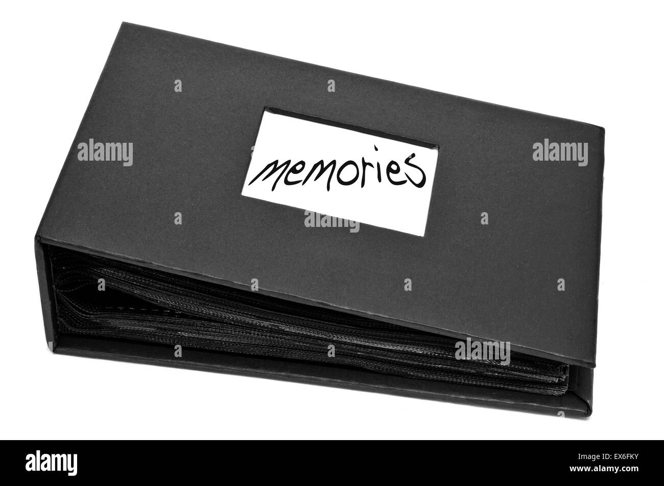 ein Fotoalbum mit den Wort-Erinnerungen auf ihn geschrieben, auf einem weißen Hintergrund Stockfoto