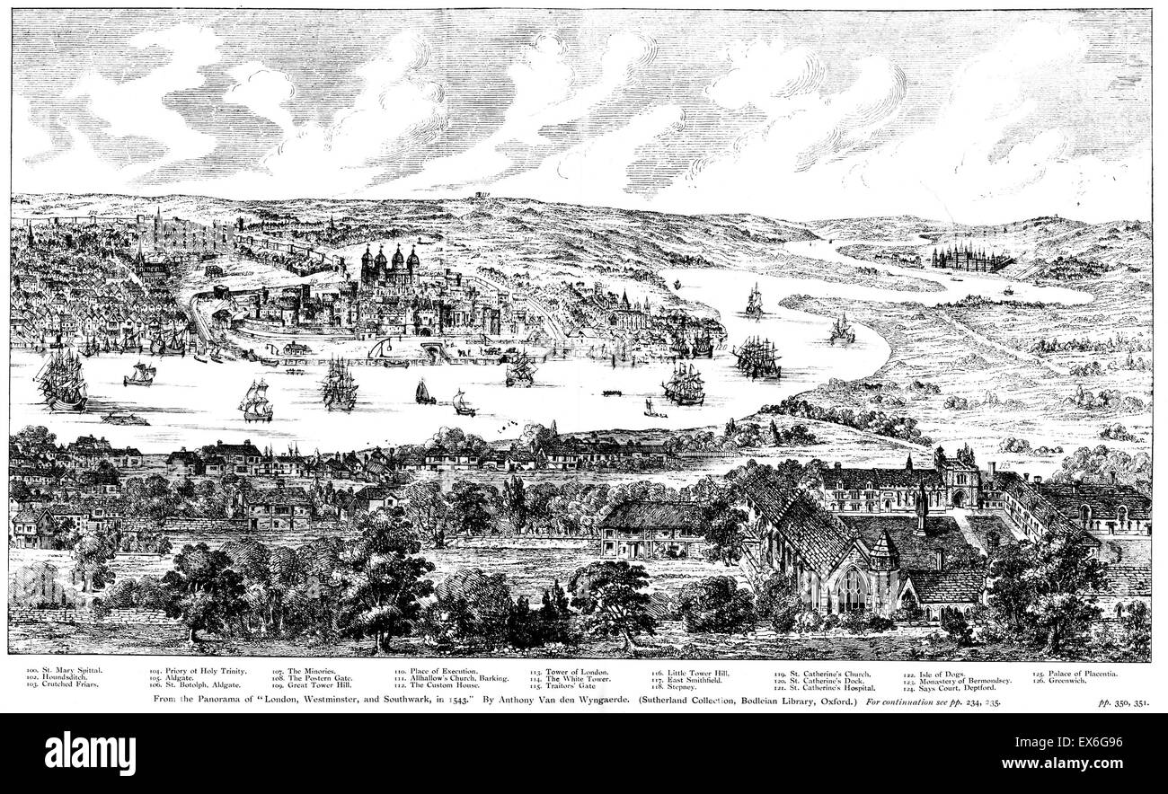 Detail aus einem Panorama von London im Jahre 1543 von Wyngaerde Stockfoto
