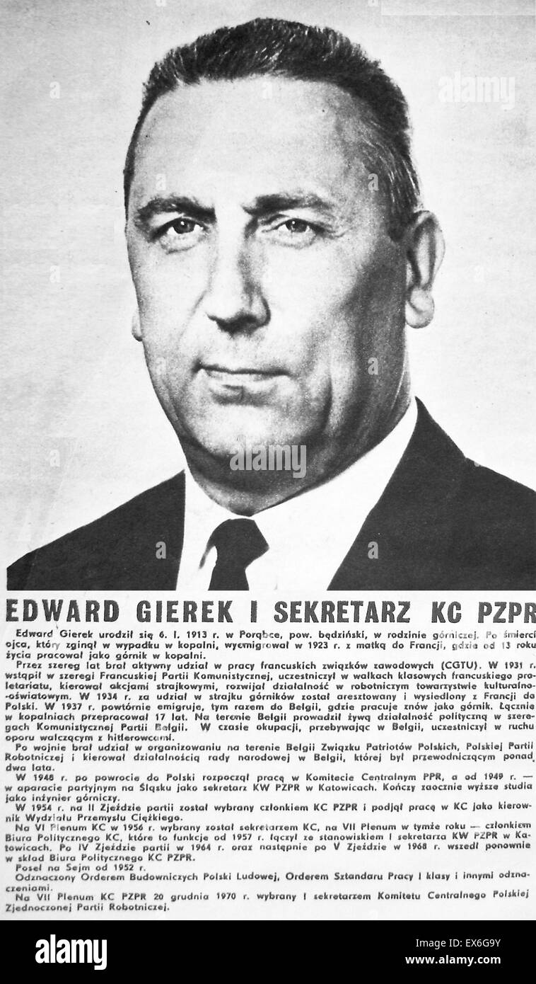 Edward Gierek (1913 – 2001), polnischer Politiker. Gierek ersetzt in der Volksrepublik Polen Wladyslaw Gomulka als erster Sekretär der herrschenden Polnischen Vereinigten Arbeiterpartei. 1975 Stockfoto