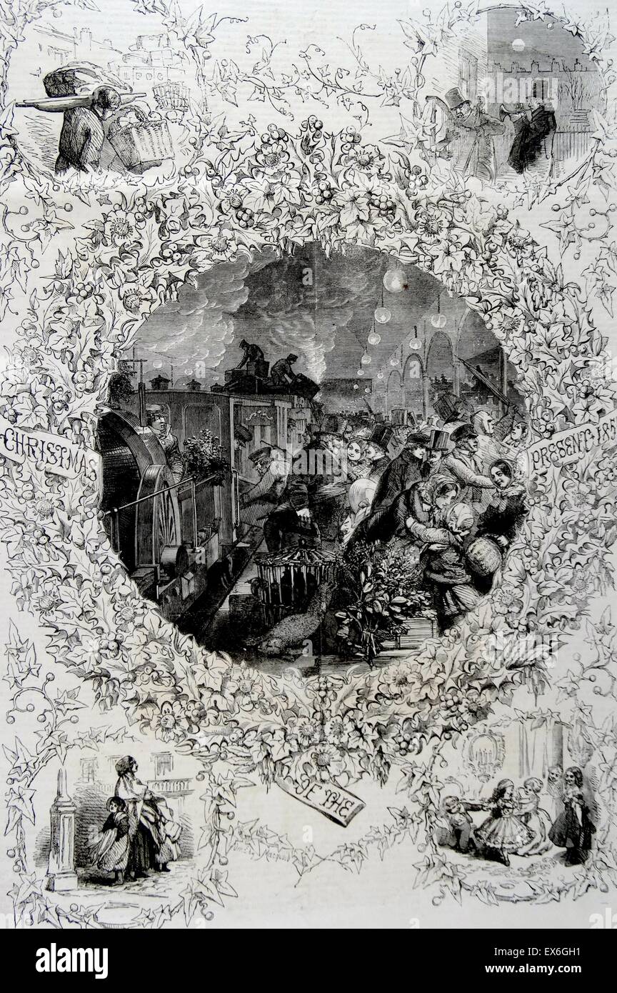 Gravur mit dem Titel "Christmas Present" Darstellung einer vollen Zug Plattform wo Familien versammelt sind. Rund um das Hauptmotiv sind kleine Rondelle Menschen Vorbereitung auf das Weihnachtsfest. Datiert 1855 Stockfoto
