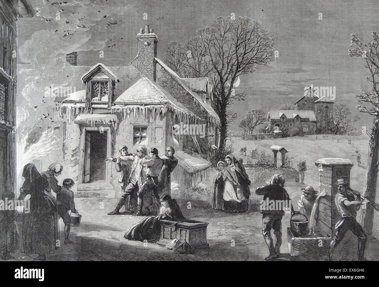 Gravur, ein Haus in Brand am Weihnachtstag darstellen. Vom 1860 Stockfoto
