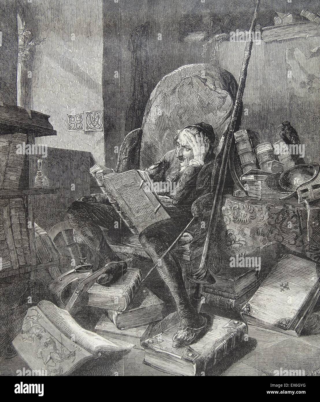 Gravur auf einem Gemälde von "Don Quixote in seiner Studie" gemalt von Adolf Schrödter (1805-1875) ein deutscher Maler und Illustrator. Vom 1860 Stockfoto Gravur auf einem Gemälde von "Don Quixote in seiner Studie" gemalt von Adolf Schrödter (1805-1875) ein deutscher Maler und Illustrator. Vom 1860 Stockfoto
