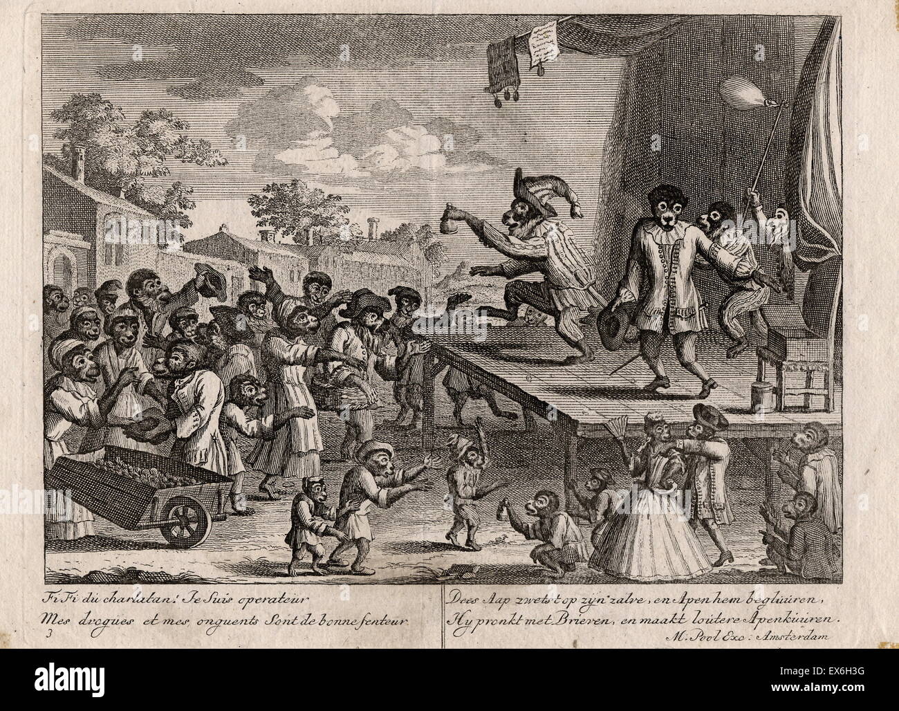 Markt-Szene mit Affen als Menschen verkleidet. Ein Quack stehen auf einer Plattform in einem Markt Falken seine "Medikamente". Direkt unter dem Bild sind zwei Inschriften, die linke ist Französisch, rechts ist Niederländisch. 18. Jahrhundert Stockfoto