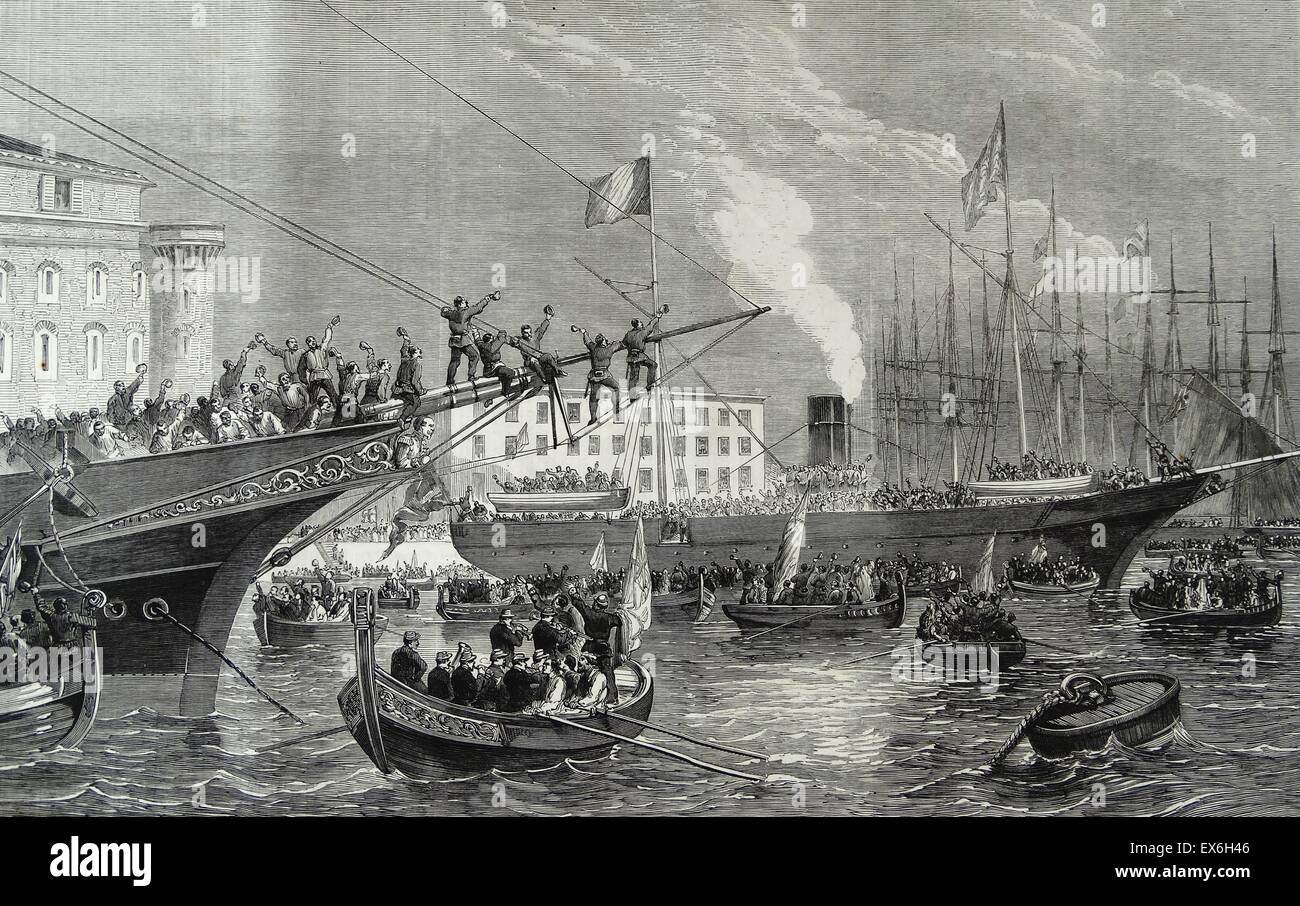 Gravur mit der Ankunft der "Kaiser" und der "Melazzo" mit britischen Freiwillige für Garibaldi am militärischen Hafen in Neapel. Vom 1860 Stockfoto