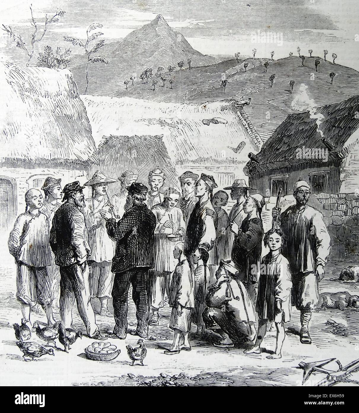 Gravur mit dem Kauf von Eiern und Geflügel der Eingeborenen in China. Vom 1860 Stockfoto