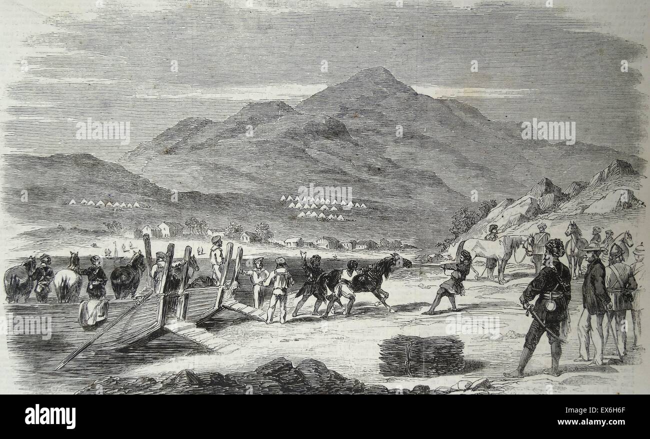 Darstellung der Landung der Sikh Pferde bei Odin Bay, Talien-Wan-Gravur. Vom 1860 Stockfoto