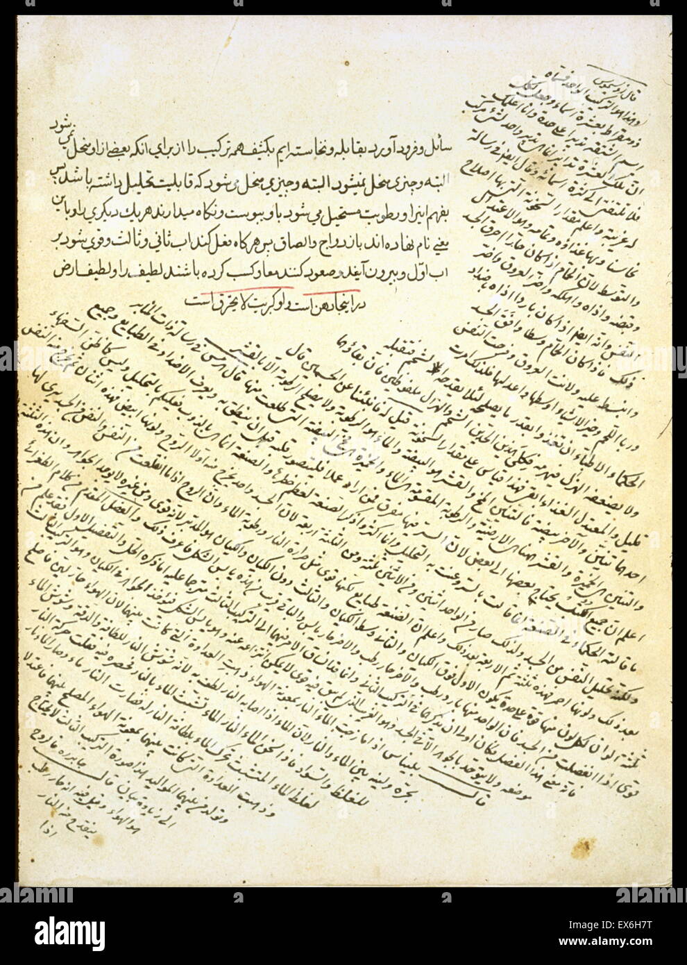 Top sechs Linien auf diesem Folio sind zum Jahresende eine anonyme und untitled persische Abhandlung über Wind und Regen, während des Textes geschrieben diagonal über der Rest des Blattes ist der Anfang einer arabischen Abhandlung über Numerologie zugeschrieben Zosimos (3. bis 4. ce Stockfoto