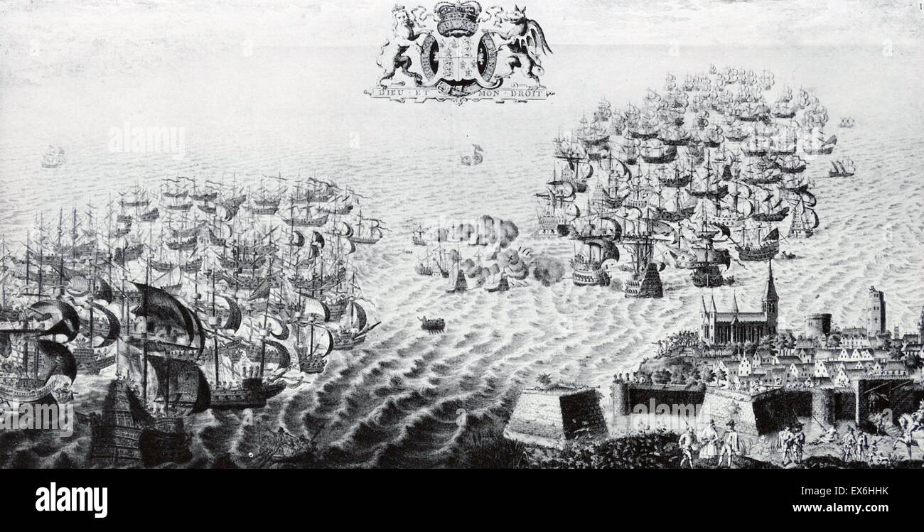 Line-Gravur der Armada aus Powey und die englische Flotte verfolgen die Spanier auf den Kanal. Gestochen von J. Pine nach dem Wandteppich im House Of Lords. Vom Jahre 1588 Stockfoto