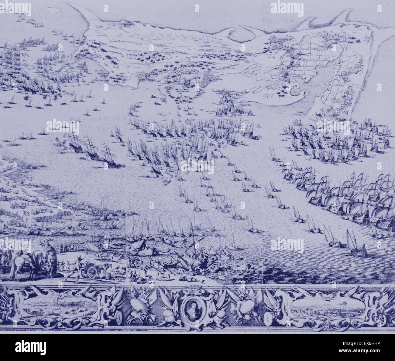 Radierung der Landung in der Ile de Rhe. Die Belagerung der Zitadelle von St. Martins von den Engländern. Von J. Callot geätzt. Datierte 1627 Stockfoto