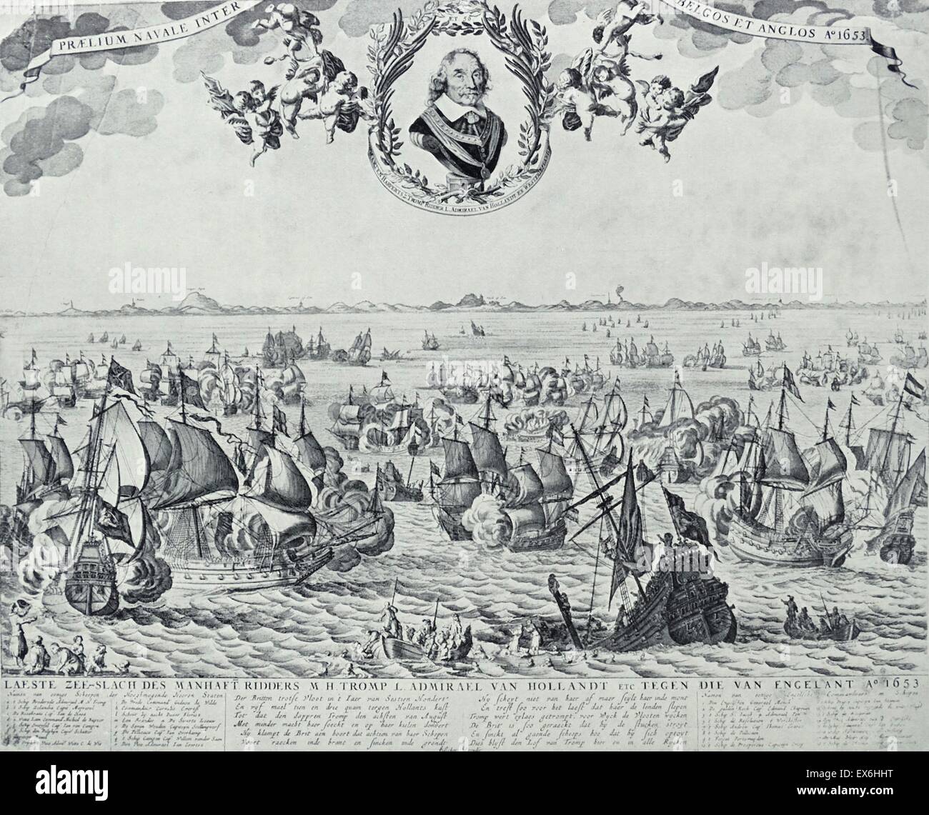 Line-Gravur der Schlacht von Scheveningen. Gestochen von C. J. Visscher. Vom Jahre 1653 Stockfoto