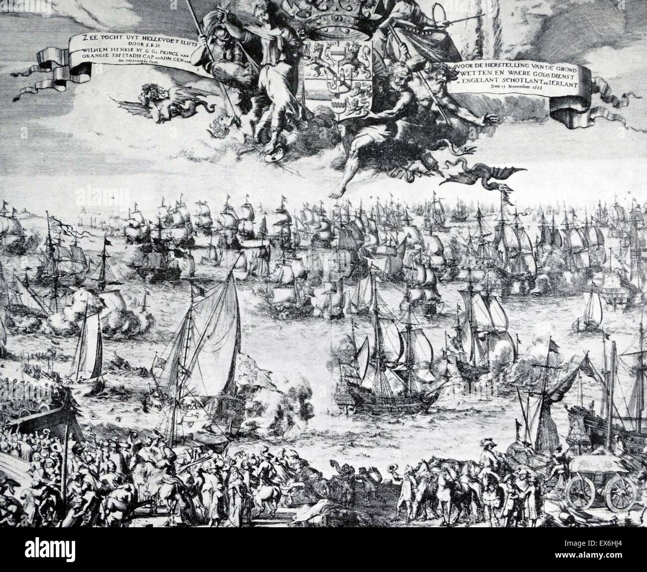 Radierung von Wilhelm von Oranien Hellevoetsluis für England verlassen. Von R. de Hooge geätzt. Vom Jahre 1688 Stockfoto