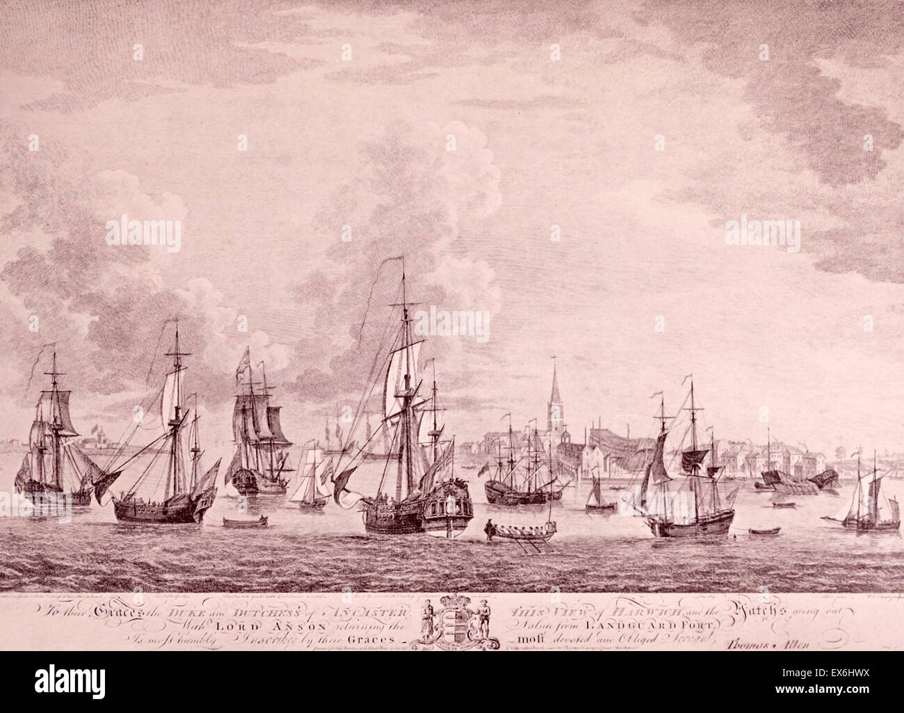 Line-Gravur der Reise der Prinzessin Charlotte nach England. Die Maria-Yacht und andere Schiffe unter Ansons Befehl verlassen Harwhich. Gestochen von P.C. Canot. Datierte 1761 Stockfoto