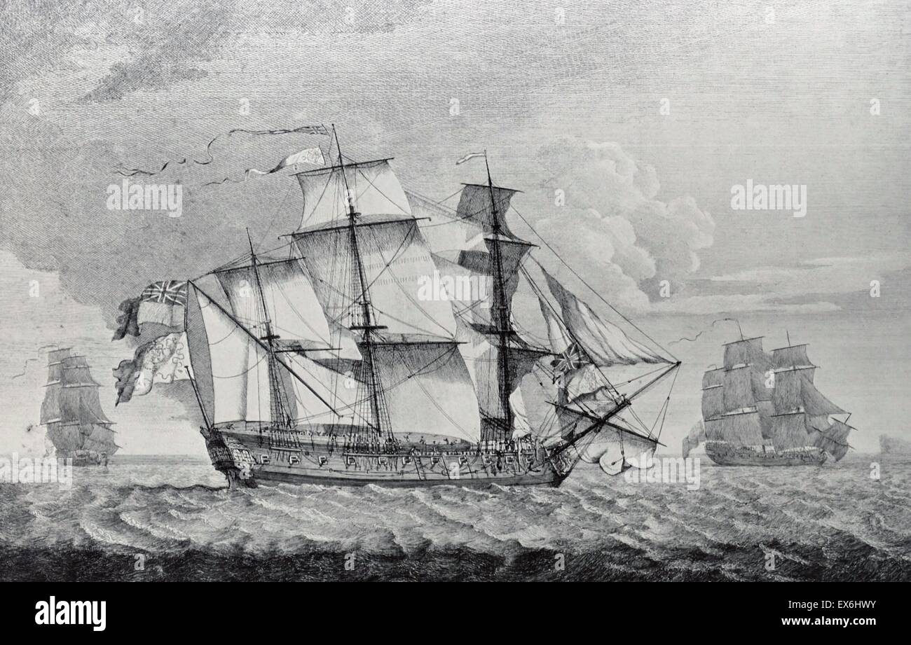 Radierung des spanischen Schiffes Hermine von aktiven und Favorit gefangen genommen. Von R. Wright geätzt. Datierte 1762 Stockfoto