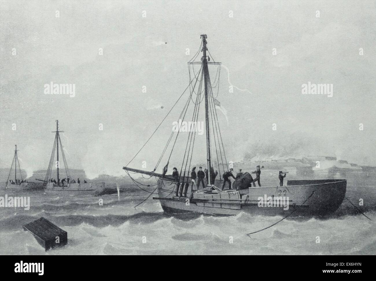 Lithographie von Bombardements Sweaborg mit Mörtel Boote in Aktion. Lithografie von Dickenson Bros. datiert 1855 Stockfoto