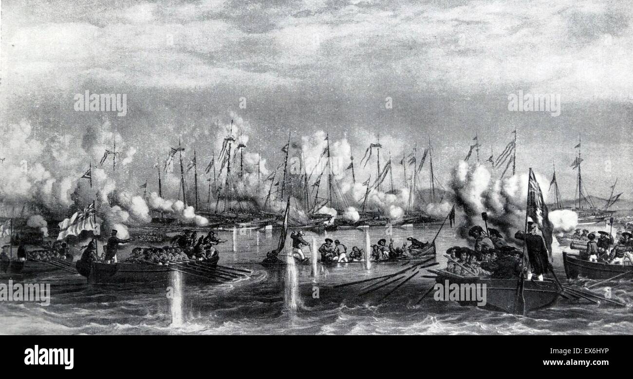 Lithographie der Aktion in Fatshan Creek. Die Boote gehen in den Angriff und die Raleigh Gig sinken. Lithographie von E. Walker. Datiert 1857 Stockfoto