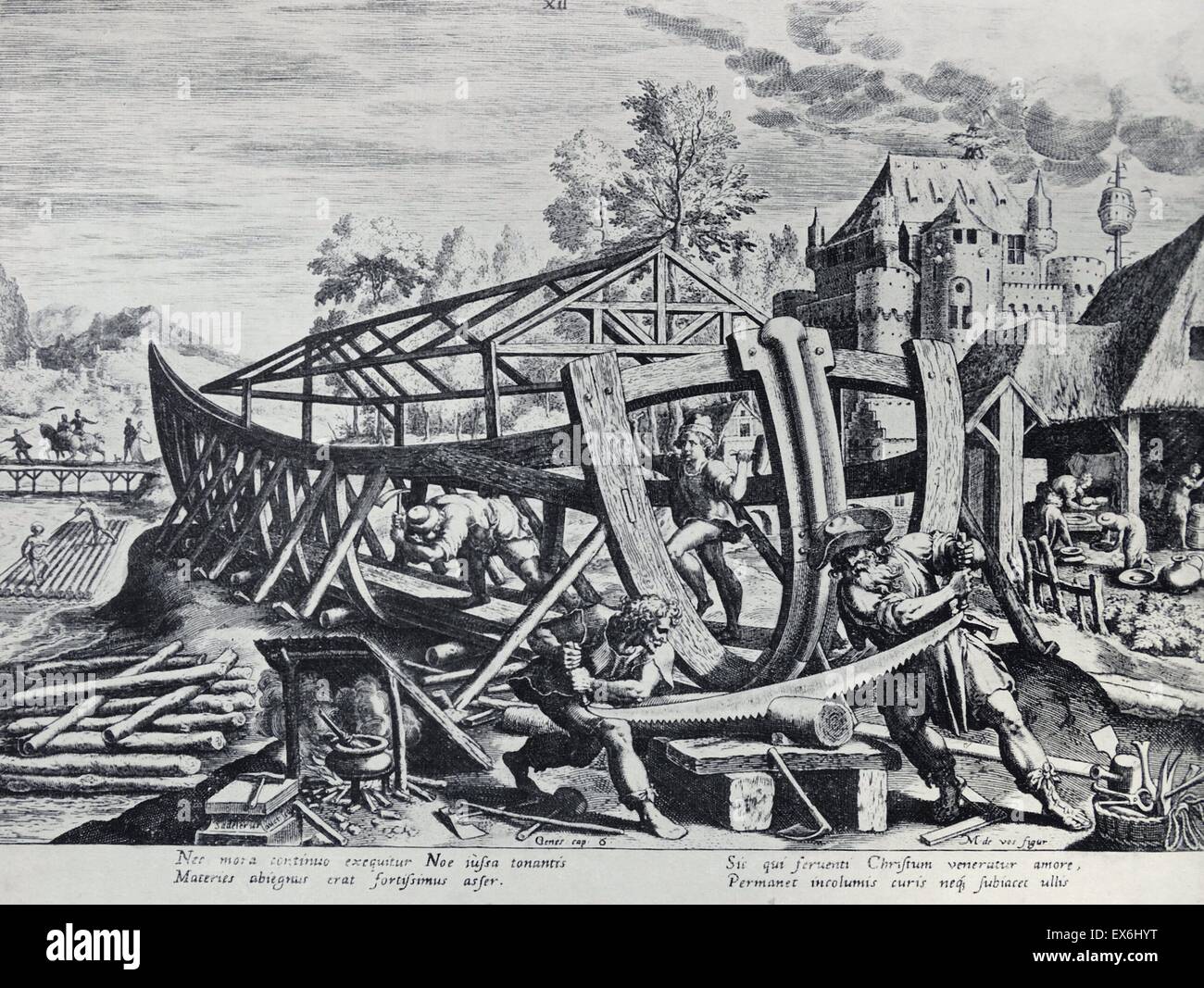 Line-Gravur von Noah bauen die Arche aus dem Buch Genesis. Gestochen von J. Sadeler. Vom 18. Jahrhundert Stockfoto