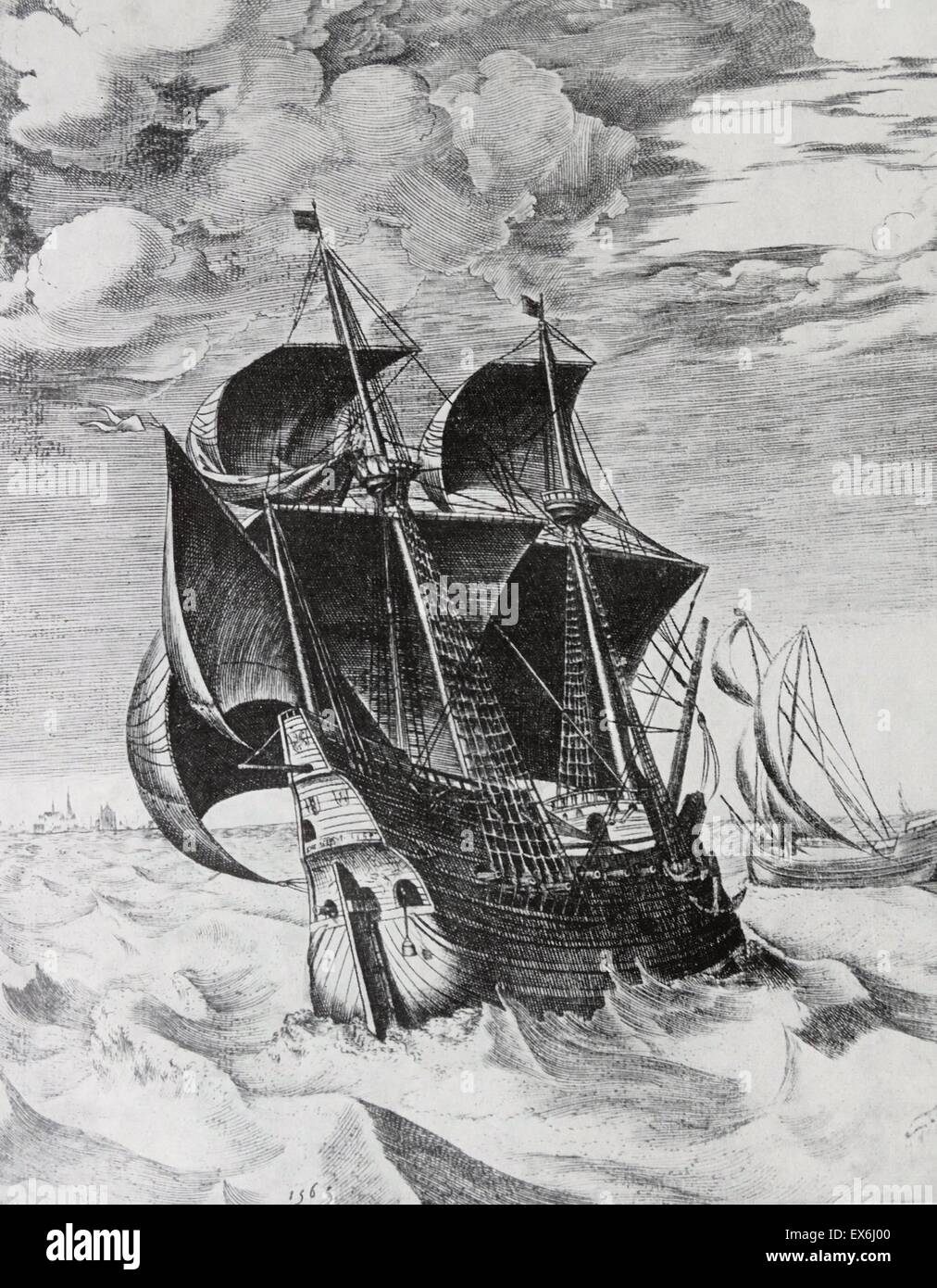 Line Gravur eines Schiffes auf der Steuerbordseite Kurs hart am Wind. Gestochen von Frans Huys. Datiert 1565 Stockfoto