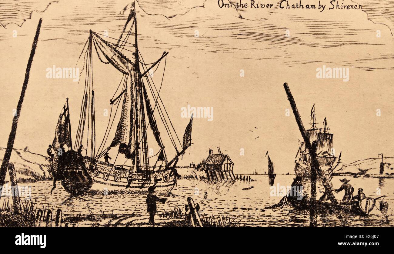 Radierung von einem englischen Royal Yacht in der Nähe von Sheerness. Von F. Ort geätzt. Datierte 1675 Stockfoto