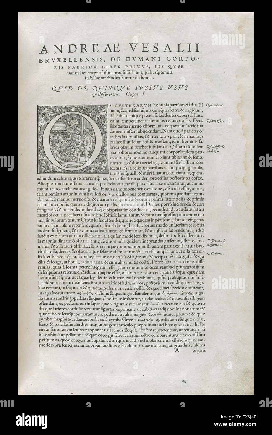 Erste Seite des Textes in der anatomischen Buch "De Corporis Humani Fabrica Libri Septem" (Basel: Johannes Oporinus, 1543); Von Andreas Vesalius (1514-1564), Stockfoto