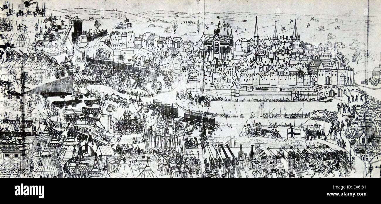 Die Belagerung von Boulogne, 1544. Diese Gravur wurde nach einem zeitgenössischen Gemälde von James Basire durchgeführt und zeigt die hohe und niedrige Stadt und Burg, die englische Lager von Henry VIII, Lord Admiral Lisle und Sir Anthony Browne. Von The Island Race, 20. Jahrhundert Stockfoto